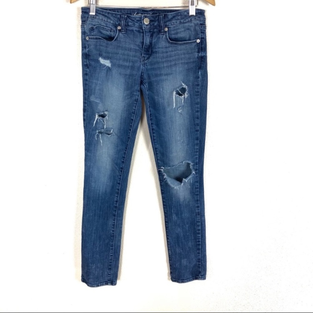 American Eagle AEO Skinny Destructed Ripped Dark Stretch Jeans Women’s Sz 8